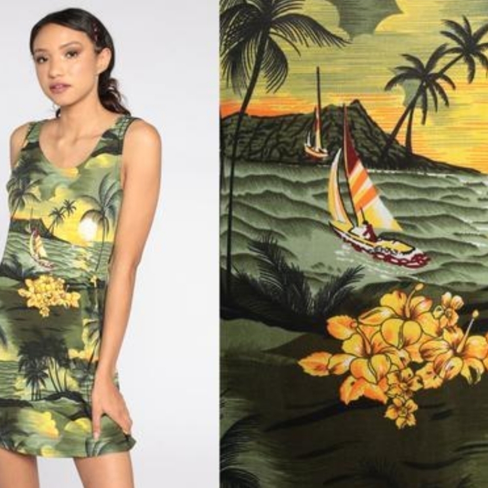 Vintage 90's Green Hawaiian Mini Tank Sun Dress Sunset Palm Tree Floral Cute EUC